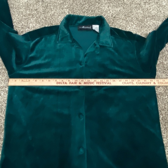 Ladies Petite Medium Sag Harbor Green Velour Button Down Front Shirt Long Sleeve - Picture 8 of 10